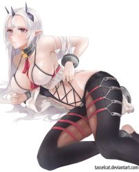 Rule 34 | 1girl, babydoll, bad id, bad pixiv id, breasts, choker, closers, highres, horns, large breasts, levia (closers), long hair, ofuda, pantyhose, pointy ears, purple eyes, silver hair, solo, spaghetti strap, tasselcat, transparent background