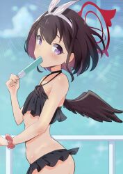 Rule 34 | 1girl, angel wings, bikini, black bikini, black hair, black wings, blue archive, blush, breasts, commentary, food, frilled bikini, frills, hairband, halo, highres, holding, jacket, long sleeves, looking at viewer, mashiro (blue archive), mashiro (swimsuit) (blue archive), off shoulder, official alternate costume, oozumi 03, popsicle, purple eyes, short hair, simple background, small breasts, solo, swimsuit, white hairband, winged halo, wings