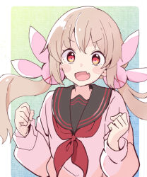 Rule 34 | &gt; &lt;, 1girl, :d, black sailor collar, blonde hair, blush, clenched hands, commentary request, fang, hair ornament, hands up, long hair, long sleeves, looking at viewer, low twintails, natori sana, neckerchief, open mouth, pink sweater, rabbit hair ornament, red eyes, red neckerchief, sailor collar, sana channel, skin fang, smile, solo, sweater, twintails, upper body, v-shaped eyebrows, virtual youtuber, youasato