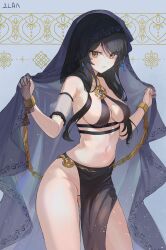 1girl alternate_costume artist_request bare_shoulders bikini black_bikini black_hair breasts brooch chain choker cleavage commission cowboy_shot cuffs detached_sleeves elsword eve_(2nas)_(elsword) eve_(elsword) facial_mark hair_over_shoulder highres jewelry long_hair looking_at_viewer medium_breasts midriff navel no_panties parted_lips pelvic_curtain second-party_source see-through_clothes shackles solo standing stomach swimsuit thighs veil yellow_eyes