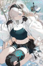 1girl animal_ears arknights aurora_(arknights) bear_ears bear_girl belt black_gloves black_hairband blue_eyes boots breasts buckle cleavage cleavage_cutout closed_mouth clothing_cutout crop_top cropped_jacket eyes_visible_through_hair food fur-trimmed_boots fur_trim gloves grey_shorts hair_over_one_eye hairband highres id_card jacket kneeling large_breasts long_hair long_sleeves looking_at_viewer majiro_(mazurka) midriff navel popsicle pouch puffy_sleeves shorts shrug_(clothing) snow solo strap white_hair white_jacket