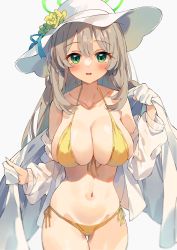 Rule 34 | 1girl, :o, bikini, blue archive, blush, breasts, cleavage, collarbone, front-tie bikini top, front-tie top, green eyes, halo, halterneck, hat, highres, holding, holding towel, jacket, large breasts, light brown hair, looking at viewer, navel, nonomi (blue archive), nonomi (swimsuit) (blue archive), see-through, see-through jacket, side-tie bikini bottom, simple background, skindentation, solo, sun hat, swimsuit, thigh gap, towel, unacchi (nyusankin), white background, white jacket, white towel, yellow bikini
