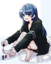 Rule 34 | 1girl, :d, applying pedicure, black jacket, black shorts, blue eyes, blue hair, blush, collarbone, commentary request, crossed legs, dark blue hair, hair down, hickey, highres, holding own foot, jacket, kanduki kamibukuro, light blush, link! like! love live!, long hair, long sleeves, love live!, mole, mole on neck, murano sayaka, nail polish, on bed, open mouth, painting nails, painting toenails, partially unzipped, shorts, sitting, smile, solo, toenail polish, toenails