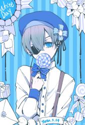 Rule 34 | 1boy, 2020, bishounen, black border, black ribbon, blue bow, blue eyes, blue hair, blue hat, border, bow, box, candy, checkerboard cookie, ciel phantomhive, cookie, dated, earrings, english text, eyepatch, food, gift, gift box, hair between eyes, hat, hat bow, highres, holding, holding candy, holding food, holding lollipop, jewelry, kuroshitsuji, letter, lollipop, looking at viewer, male focus, partially colored, ribbon, shirt, short hair, solo, striped background, striped bow, suspenders, white shirt, yu ki koo