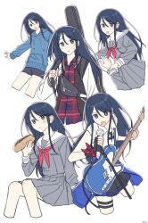 Rule 34 | 1girl, arms at sides, belt, black belt, black hair, black shorts, blue hoodie, blue sweater, bow, cable, chewing, clothes around waist, cocov, collared shirt, cropped legs, cropped torso, diagonal-striped bow, dot nose, drawstring, eating, electric guitar, fanny pack, fender telecaster, flat chest, floating hair, food, frown, gloves, grey eyes, grey serafuku, grey skirt, guitar, guitar case, highres, holding, holding another&#039;s wrist, holding food, holding microphone, holding strap, hood, hood down, hoodie, hoshino ichika (project sekai), instrument, instrument case, jacket, letterman jacket, light blush, light smile, long hair, looking at viewer, microphone, microphone stand, multiple views, music, neckerchief, open mouth, plaid, plaid shirt, pleated skirt, project sekai, red bow, red neckerchief, sailor collar, school uniform, serafuku, serious, shirt, short sleeves, shorts, sideways glance, simple background, singing, single glove, single horizontal stripe, skirt, straight hair, striped, sweatdrop, sweater, sweater around waist, swept bangs, thigh belt, thigh strap, thighs, tsurime, twitter username, v-shaped eyebrows, waist bow, white background, white sailor collar, white shirt, yakisoba, yakisobapan