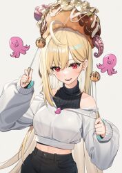 Rule 34 | ahoge, black pants, black sweater, blonde hair, commentary request, grey background, grey shirt, hat, highres, jingburger, korean commentary, long hair, long sleeves, looking at viewer, midriff, octopus, open mouth, pants, piyo (pixiv 2308057), red eyes, shirt, simple background, smile, sweater, teeth, twintails, upper teeth only, virtual youtuber, waktaverse