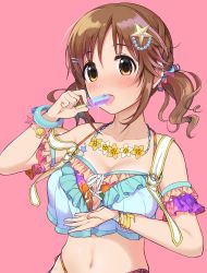 Rule 34 | 1girl, bare arms, bare shoulders, bikini, blush, bracelet, breasts, brown eyes, brown hair, cleavage, commentary request, flower, flower necklace, food, frilled bikini, frills, hair ornament, hands up, highres, idolmaster, idolmaster cinderella girls, idolmaster cinderella girls starlight stage, jewelry, large breasts, licking, looking at viewer, midriff, natsuya (natuya777), navel, necklace, pink background, popsicle, simple background, solo, star (symbol), star hair ornament, strap slip, swimsuit, tongue, tongue out, totoki airi, twintails, upper body