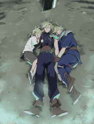 Rule 34 | 3boys, aged down, armor, belt, black shirt, blonde hair, blue pants, blue shirt, brown footwear, buster sword, child, chirco f, closed eyes, cloud strife, final fantasy, final fantasy vii, final fantasy vii remake, full body, gloves, grey shorts, hair between eyes, hand on own chest, holding hands, knee pads, layered clothes, lifestream, long sleeves, low ponytail, lying, male focus, multiple belts, multiple boys, on back, on ground, on side, pants, parted lips, shinra infantry uniform, shirt, shorts, shoulder armor, sleeping, sleeveless, sleeveless turtleneck, sleeves rolled up, spiked hair, square enix, suspenders, t-shirt, turtleneck, white shirt
