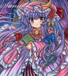 Rule 34 | 1girl, alternate costume, blue bow, blush, book, bow, bowtie, brooch, closed mouth, cowboy shot, crescent, crescent hat ornament, curtains, dress, floating hair, flower, frilled bow, frilled dress, frilled hat, frills, green ribbon, hair bow, hair ribbon, hat, hat flower, hat ornament, holding, holding book, indoors, jewelry, long hair, long sleeves, looking at viewer, low-tied long hair, marker (medium), mob cap, patchouli knowledge, pink bow, pink bowtie, pink dress, pink hat, purple eyes, purple hair, red bow, red flower, red rose, ribbon, rose, rui (sugar3), sample watermark, smile, solo, stained glass, standing, touhou, traditional media, tress ribbon, very long hair, watermark, wide sleeves