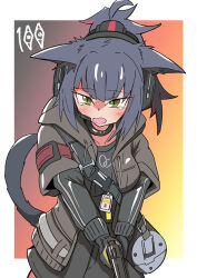 Rule 34 | 100 (gearr3x), 1girl, absurdres, animal ears, arknights, artist logo, bag, black gloves, black jacket, black shirt, black shorts, blue hair, blush, border, cat ears, cat girl, cat tail, cowboy shot, gloves, gradient background, green eyes, gun, headset, highres, holding, holding gun, holding weapon, implied extra ears, jacket, jessica (arknights), layered sleeves, long hair, long sleeves, looking at viewer, open clothes, open jacket, outside border, ponytail, shirt, short sleeves, shorts, shoulder bag, simple background, solo, tail, weapon, white border