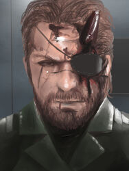 Rule 34 | 1boy, absurdres, asha, beard, blood, blood on face, brown eyes, brown hair, closed mouth, coat, commentary request, eyepatch, facial hair, green coat, highres, looking at viewer, male focus, metal gear (series), metal gear solid, metal gear solid v: the phantom pain, mustache, portrait, short hair, solo, v-shaped eyebrows, venom snake, very short hair