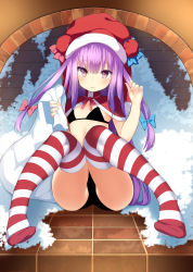 Rule 34 | 1girl, bikini, black bikini, blush, bow, capelet, christmas, hair bow, hat, highres, long hair, looking at viewer, md5 mismatch, patchouli knowledge, pokachu, purple eyes, purple hair, sack, santa hat, solo, striped clothes, striped thighhighs, swimsuit, thighhighs, touhou