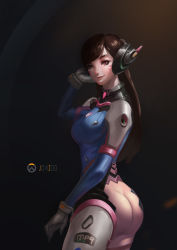 Rule 34 | 1girl, absurdres, artist name, ass, ass cutout, bad id, bad pixiv id, black background, bodysuit, bottomless, breasts, brown eyes, brown hair, butt crack, closed mouth, clothes writing, clothing cutout, cowboy shot, d.va (overwatch), facial mark, gloves, hand on headphones, hand up, headphones, highres, jovizoo, long hair, looking at viewer, medium breasts, no panties, overwatch, overwatch 1, smile, solo, swept bangs, whisker markings, white gloves