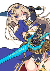 Rule 34 | &gt;:), 1girl, blue eyes, brave girl ravens, breasts, cleavage, clothing cutout, cowboy shot, dual wielding, elbow gloves, flat color, gloves, gold trim, hair ribbon, hairband, highleg, holding, horosuke, light brown hair, long hair, mole, mole on breast, puffy short sleeves, puffy sleeves, ribbon, short sleeves, shoulder cutout, simple background, solo, sword, thighhighs, v-shaped eyebrows, weapon, white background