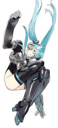 Rule 34 | 1girl, armor, bad id, bad pixiv id, blue eyes, blue hair, boots, gloves, hatsune miku, hatsune miku (append), jumping, long image, matching hair/eyes, nishieda, open mouth, simple background, smile, solo, tall image, thigh boots, thighhighs, twintails, vocaloid, vocaloid append