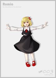Rule 34 | 1girl, absurdres, ascot, black skirt, black vest, blonde hair, blouse, border, character name, collarbone, collared shirt, commentary request, embodiment of scarlet devil, frilled shirt collar, frills, full body, grey border, hair ribbon, highres, hoshiringo0902, lips, long sleeves, mary janes, open mouth, outstretched arms, red ascot, red eyes, red footwear, red ribbon, ribbon, rumia, shirt, shoes, short hair, simple background, skirt, skirt set, solo, standing, touhou, vest, white background, white legwear, white shirt