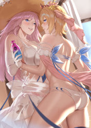 Rule 34 | 2girls, armband, ass, bare shoulders, bikini, blonde hair, blue eyes, blue ribbon, blue sky, breasts, butt crack, commentary, cowboy shot, curtains, day, deras, elbow gloves, english commentary, europa (granblue fantasy), europa (summer) (granblue fantasy), flower, gabriel (granblue fantasy), gloves, granblue fantasy, hair flower, hair ornament, hand on another&#039;s ass, hat, highres, large breasts, long hair, lotion bottle, multiple girls, open mouth, pink hair, ribbon, sarong, short hair, sky, smile, sun hat, swimsuit, thigh strap, tiara, white bikini, white gloves, window