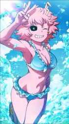 Rule 34 | 10s, 1girl, ;d, ashido mina, beach, bikini, blush, boku no hero academia, breasts, cleavage, cloud, colored skin, frilled bikini, frills, game cg, highres, large breasts, official art, one eye closed, open mouth, partially submerged, pink hair, pink skin, sky, smile, solo, summer, swimsuit, v, water