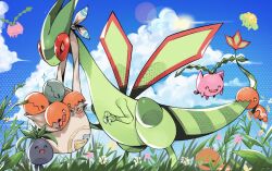 Rule 34 | alternate color, biting another&#039;s tail, cloud, colored skin, creatures (company), dragon, dragon wings, evolutionary line, flygon, game freak, gen 1 pokemon, gen 2 pokemon, gen 3 pokemon, grass, green skin, green wings, hoppip, nintendo, oddish, official alternate color, outdoors, pokemon, pokemon (creature), shavzus, shiny pokemon, skiploom, sky, tail, trapinch, wings