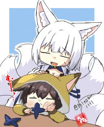 Rule 34 | 2girls, :&lt;, :d, ^ ^, alternate costume, animal costume, animal ears, arm support, azur lane, black hair, blunt bangs, closed eyes, commentary request, crossover, eyeshadow, fox costume, fox ears, fox girl, fox tail, head rest, headpat, historical name connection, japanese clothes, kaga (azur lane), kaga (kancolle), kantai collection, kitsune, kyuubi, long hair, long sleeves, looking at another, looking at viewer, makeup, multiple girls, multiple tails, name connection, open mouth, pout, short hair, sidelocks, signature, simple background, smile, sweatdrop, table, tail, taisa (kari), translation request, twitter username, white hair, wide sleeves