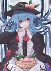 Rule 34 | 1girl, absurdres, adapted costume, ascot, basket, black hat, blue hair, blush, buttons, closed mouth, collared shirt, food, fruit, hat, highres, hinanawi tenshi, long hair, peach, red ascot, red eyes, shirt, solo, touhou, tsune (tune), white shirt