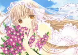 Rule 34 | 1girl, absurdres, artbook, blonde hair, bouquet, brown eyes, chii, chobits, clamp (circle), day, fingernails, flower, frills, highres, jewelry, light smile, long hair, official art, ring, robot ears, scan, sky, smile, solo, traditional media, upper body, veil, very long hair, wind