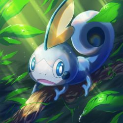 Rule 34 | blue eyes, branch, creatures (company), foliage, full body, game freak, gen 8 pokemon, highres, leaf, looking at viewer, nintendo, no humans, open mouth, plant roots, pokemon, pokemon (creature), rainforest, shaded face, sobble, sparkle, sunlight, tosaka rai, water drop