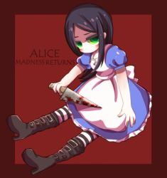 Rule 34 | alice: madness returns, alice (alice in wonderland), alice in wonderland, alice liddell (american mcgee&#039;s alice), american mcgee&#039;s alice, apron, black hair, blood, boots, dress, green eyes, high heel boots, high heels, knife, no mouth, soramame pikuto