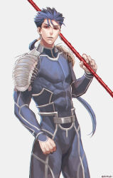Rule 34 | 1boy, abs, armor, beads, blue hair, bodysuit, cowboy shot, crab, cu chulainn (fate), earrings, fate/stay night, fate (series), gae bolg (fate), grey background, hair beads, hair ornament, highres, holding, holding polearm, holding weapon, isopod, jewelry, cu chulainn (fate/stay night), long hair, looking at viewer, male focus, muscular, pauldrons, polearm, ponytail, red eyes, shoulder armor, simple background, skin tight, slit pupils, solo, spiked hair, twitter username, type-moon, weapon