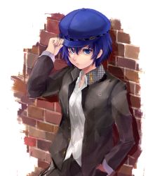 Rule 34 | 1girl, androgynous, atlus, blue eyes, blue hair, breasts, cabbie hat, crossdressing, female focus, hand in pocket, hand on headwear, hat, jacket, looking at viewer, matching hair/eyes, pants, persona, persona 4, reverse trap, school uniform, serious, shirogane naoto, small breasts, solo, sowamame, standing