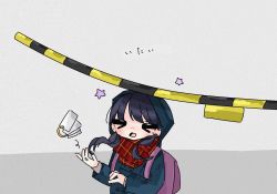 Rule 34 | 1girl, artist request, backpack, bag, black hair, black jacket, closed eyes, fukumaru koito, grey background, hood, hooded jacket, idolmaster, idolmaster shiny colors, jacket, low twintails, plaid, plaid scarf, railroad signal, red scarf, scarf, solo, star (symbol), twintails, upper body