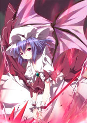 Rule 34 | 1girl, ascot, bad id, bad pixiv id, bat wings, blue hair, bow, brooch, chain, dress, female focus, fingernails, hat, hat ribbon, jewelry, kurono yuzuko, long fingernails, looking at viewer, nail polish, pink eyes, red nails, remilia scarlet, ribbon, short sleeves, smile, solo, spear the gungnir, touhou, white dress, wings, wrist cuffs