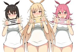 Rule 34 | 3girls, :d, absurdres, black hair, black wings, blush, breasts, brown wings, closed mouth, commentary request, fate/grand order, fate (series), feathered wings, hair between eyes, hands up, head wings, highres, hildr (fate), holding, holding clothes, holding panties, holding underwear, light brown hair, long hair, medium breasts, mitchi, multiple girls, nose blush, open mouth, ortlinde (fate), panties, parted lips, pink hair, pink wings, presenting removed panties, shirt, short sleeves, simple background, smile, striped clothes, striped panties, sweat, thrud (fate), underwear, unworn panties, valkyrie (fate), very long hair, white background, white shirt, wings