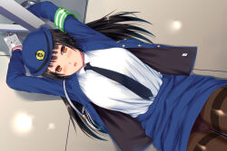 Rule 34 | 1girl, ano hito, armband, black hair, black necktie, blue jacket, breasts, brown eyes, commentary request, cuffs, handcuffs, hat, highres, jacket, large breasts, long hair, miniskirt, necktie, open mouth, original, panties, pantyhose, pantyshot, police, police hat, police uniform, policewoman, skirt, solo, tented shirt, underwear, uniform