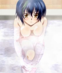 Rule 34 | 10s, 1girl, bathing, blue hair, breasts, high school dxd, highres, large breasts, nipples, nude, short hair, sitting, solo, stitched, third-party edit, water, xenovia quarta, yellow eyes