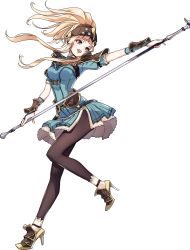 Rule 34 | 1girl, arm guards, armor, blonde hair, breasts, bridal gauntlets, brown eyes, clair (fire emblem), dress, fire emblem, fire emblem echoes: shadows of valentia, fire emblem gaiden, fire emblem heroes, full body, helmet, high heels, highres, holding, holding weapon, leggings, long hair, looking away, medium breasts, nintendo, official art, open mouth, pantyhose, polearm, ponytail, shoes, short dress, shoulder armor, solo, spear, takagi masafumi, transparent background, weapon
