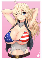 Rule 34 | 1girl, absurdres, adjusting hair, ahoge, american flag bikini, american flag print, arms behind head, belt, belt buckle, bikini, bikini top only, blonde hair, blue eyes, blush, breasts, buckle, cleavage, collar, female focus, flag print, gradient background, highres, iowa (kancolle), jacket, kantai collection, large breasts, looking at viewer, navel, one eye closed, open clothes, open jacket, print bikini, simple background, smile, solo, star-shaped pupils, star (symbol), swimsuit, symbol-shaped pupils, the only shoe, upper body