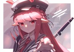 Rule 34 | 1girl, arknights, artist name, character name, close-up, copyright name, ctiahao, hat, long hair, long pointy ears, necktie, open hand, pink eyes, pink hair, pointy ears, solo, vigna (arknights)