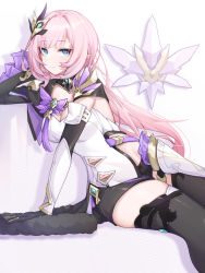 Rule 34 | 1girl, black gloves, black thighhighs, blue eyes, breasts, cleavage, closed mouth, elbow gloves, elysia (honkai impact), elysia (miss pink elf) (honkai impact), gloves, hair between eyes, hair ornament, hand on own cheek, hand on own face, highres, honkai (series), honkai impact 3rd, invisible chair, long hair, looking at viewer, pink hair, pointy ears, sitting, smile, solo, thighhighs, wood cube