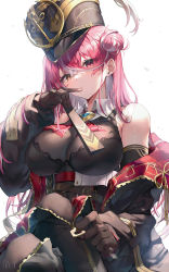 Rule 34 | 1girl, ascot, black gloves, black hat, black jacket, breasts, brown gloves, cleavage, closed mouth, gloves, hair bun, hand fan, hat, heterochromia, highres, holding, holding fan, hololive, houshou marine, houshou marine (marching band), jacket, large breasts, looking at viewer, multicolored hair, myung yi, red ascot, red eyes, red hair, see-through, see-through cleavage, simple background, single hair bun, solo, two-tone hair, virtual youtuber, white background, white hair
