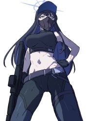 Rule 34 | 1girl, arm at side, bare shoulders, baseball cap, belt, black gloves, black hair, black pants, black shirt, blue archive, breasts, buckle, crop top, feet out of frame, from below, gloves, grey eyes, gun, halo, hand on own hip, hat, highres, holding, holding gun, holding weapon, leggings, long hair, looking afar, mask, medium breasts, midriff, mouth mask, navel, osame, pants, rifle, saori (blue archive), shirt, simple background, sleeveless, sleeveless shirt, snap-fit buckle, solo, weapon, white background
