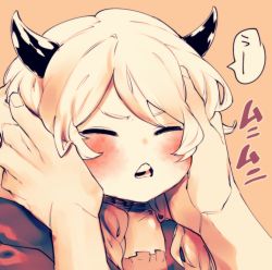 Rule 34 | 10s, 1girl, blush, closed eyes, draph, granblue fantasy, hair between eyes, hands on another&#039;s face, horns, kumuyu, long hair, low twintails, norasame (dagako), open mouth, orange background, simple background, solo focus, speech bubble, teeth, translated, twintails, upper body