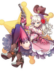 Rule 34 | 1girl, belt, blue eyes, boots, breasts, clover, cowboy boots, cowboy hat, dress, earrings, elbow gloves, flower, four-leaf clover, full body, gloves, gun, hair flower, hair ornament, handgun, hat, high heel boots, high heels, highres, holding, holding gun, holding weapon, jewelry, long hair, medium breasts, open mouth, original, pink dress, revolver, ring, shen shen, sheriff badge, simple background, sleeveless, smile, solo, thighhighs, weapon, white background, white hair