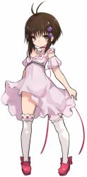 Rule 34 | 1girl, antenna hair, blush, brown eyes, brown hair, closed mouth, copyright request, detached sleeves, dress, full body, hair between eyes, highres, karukan (monjya), looking at viewer, pink dress, pink sleeves, puffy short sleeves, puffy sleeves, red footwear, ribbon-trimmed legwear, ribbon trim, shoes, short sleeves, simple background, sleeveless, sleeveless dress, solo, standing, thighhighs, white background, white thighhighs
