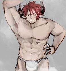 Rule 34 | 1boy, abs, animal ears, arknights, armpits, bara, beard stubble, bulge, cow boy, cow ears, cow horns, cowboy shot, facial hair, fundoshi, grin, highres, horns, humus (arknights), japanese clothes, large pectorals, leaning forward, male focus, mature male, multicolored hair, muscular, muscular male, navel, nipples, pectorals, presenting armpit, red hair, seductive smile, short hair, smile, steaming body, streaked hair, stubble, thick eyebrows, topless male, tutu82904404, unfinished