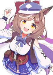 Rule 34 | 1girl, animal ears, blush, breasts, brown hair, clothing cutout, commentary request, hair ornament, hairclip, hat, highres, horse ears, horse tail, looking at viewer, matikane tannhauser (umamusume), medium breasts, medium hair, open mouth, ribbon, shiroiro en, shoulder cutout, simple background, tail, teeth, umamusume, upper teeth only, white background, yellow eyes