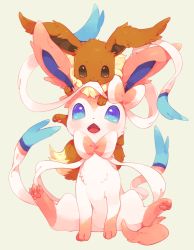 Rule 34 | bad id, bad pixiv id, blue eyes, body fur, brown eyes, brown fur, commentary request, creatures (company), eevee, eye contact, fangs, game freak, gen 1 pokemon, gen 6 pokemon, hideko (l33l3b), looking at another, mouth hold, nintendo, no humans, open mouth, pokemon, pokemon (creature), sylveon, tongue