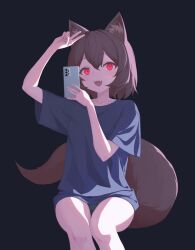 Rule 34 | 1girl, :d, absurdres, animal ear fluff, animal ears, black background, black panties, black shirt, brown hair, cellphone, ellu, highres, invisible chair, looking at viewer, no pants, open mouth, original, panties, phone, red eyes, shirt, short hair, short sleeves, simple background, sitting, smartphone, smile, tail, underwear, v