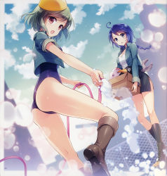 Rule 34 | 10s, 2girls, :o, an2a, ass, black eyes, black socks, blue hair, blush, boots, box, braid, brown eyes, brown hair, chain-link fence, cleaning, cloud, cross-laced footwear, day, failure penguin, fairy (kancolle), fence, hard hat, helmet, helmet musume (kancolle), highres, holding, hose, kantai collection, kneehighs, lens flare, long hair, looking at viewer, maintenance musume (kancolle), miss cloud, multiple girls, one-piece swimsuit, open mouth, pencil skirt, personification, scan, short hair, side slit, single braid, skirt, sky, socks, swimsuit, tools, water, wrench