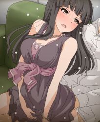 Rule 34 | 1boy, 1girl, bare shoulders, black dress, black hair, blunt bangs, blush, bottomless, bracelet, breasts, brown eyes, cleavage, clothed sex, couch, dress, faceless, faceless male, flying sweatdrops, girl on top, hands on lap, hetero, idolmaster, idolmaster cinderella girls, indoors, jewelry, kurokawa chiaki, long hair, looking at another, medium breasts, necklace, oekaki, open mouth, pearl necklace, reverse upright straddle, sex, sex from behind, shirt, sitting, sitting on lap, sitting on person, sleeveless, sleeveless dress, solo focus, spread legs, straddling, sweat, tomu (tomubobu), white shirt